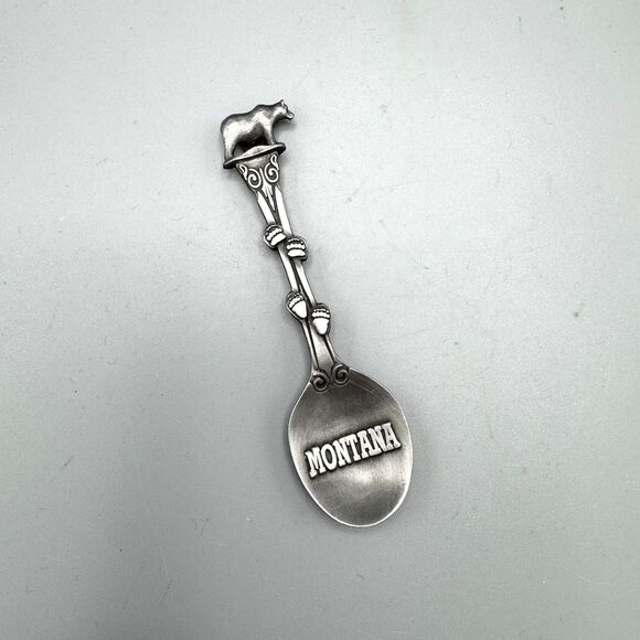 Vtg Montana Pewter Souvenir Travel Spoon Bear Paws Mountain Wildlife 4" L Kitsch - Picture 1 of 5